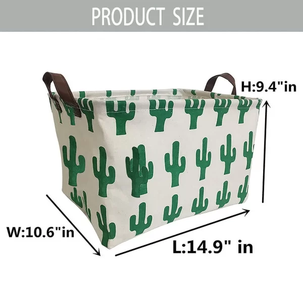 Rectangle Large Storage Baskets, Collapsible Waterproof Bins with Handles, Foldable Storage Bin Organizer Baskets with Handles for Clothes, , , Black Geometry, Green Cactus - Image 2