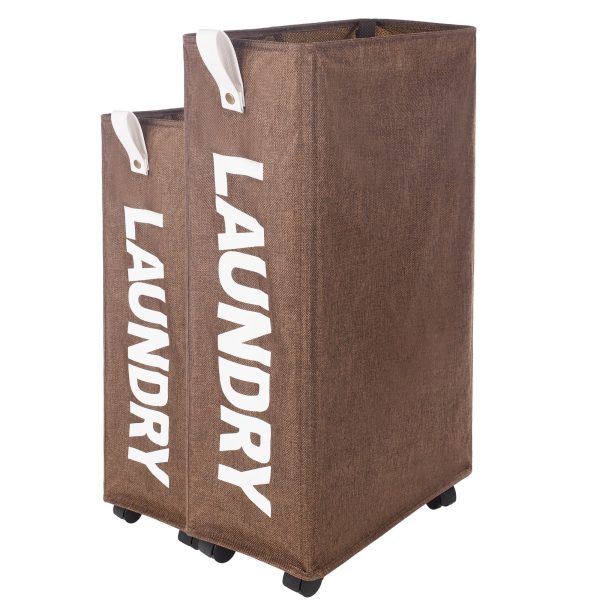 X-Large Slim Laundry Baskets 27" Tall with Leather Handle, Laundry Basket on Wheels , Collapsible Laundry Hamper, Rolling Hamper Dorm Baskets (Brown Linen)