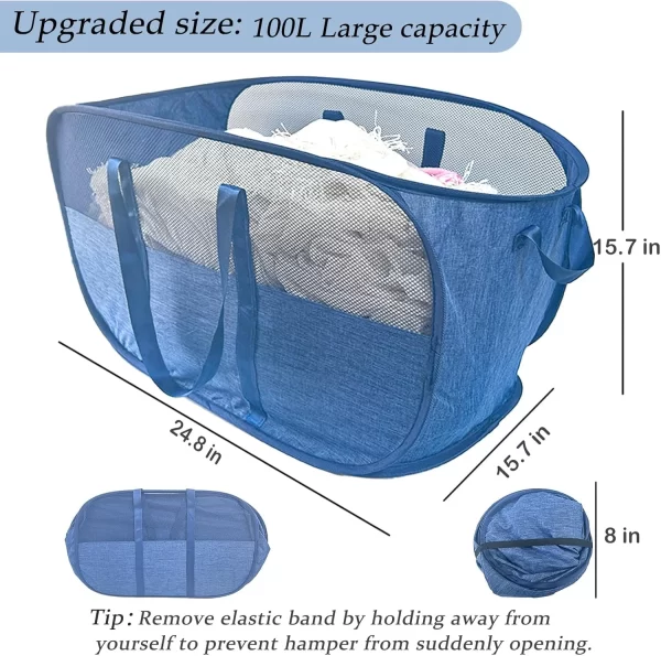100L Collapsible Laundry Baskets 2 Pack, Extra Large Mesh Pop Up Laundry Hamper, Dirty Clothes Hamper with Reinforced Handles, Folding Hampers for Travel. Dorm or Home Portable Laundry Baskets. Blue - Image 2