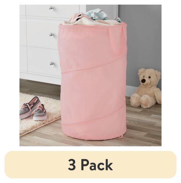 (3 pack)  Pop-Up Spiral Polyester Laundry Hamper, Pink