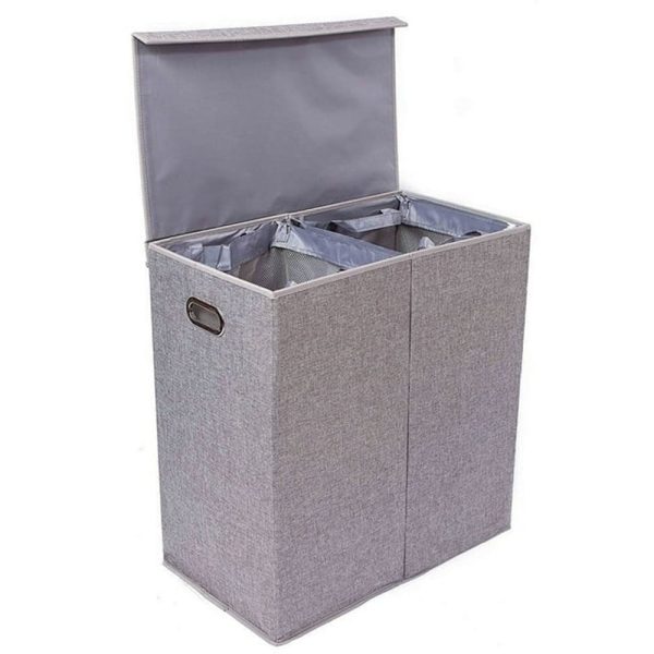 Double Linen Laundry Hamper with Lid , Washing Clothes Storage Folding, for Home, Grey