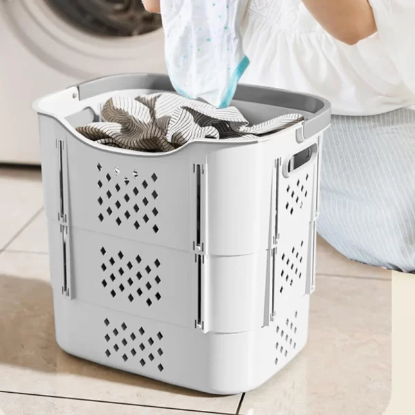 Laundry Hamper, 41L Folding Dirty Clothes Basket Household Large Capacity Bathroom Storage Dirty Clothes Basket Multi-layer Storage Basket with Handle, Gray