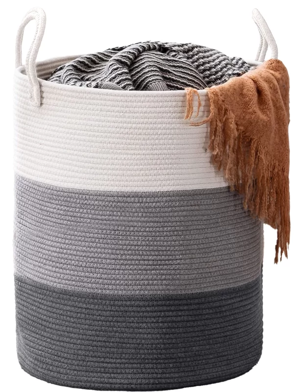 Laundry Basket 51L Large Clothes Laundry Hamper Woven Cotton Rope Tall Laundry Bag Baskets Toy Storage Organizer Collapsible Storage Basket for Blanket, Toys, Clothes, Pillows, Gradient Gray