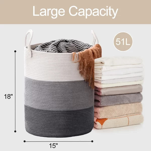 Laundry Basket 51L Large Clothes Laundry Hamper Woven Cotton Rope Tall Laundry Bag Baskets Toy Storage Organizer Collapsible Storage Basket for Blanket, Toys, Clothes, Pillows, Gradient Gray - Image 2