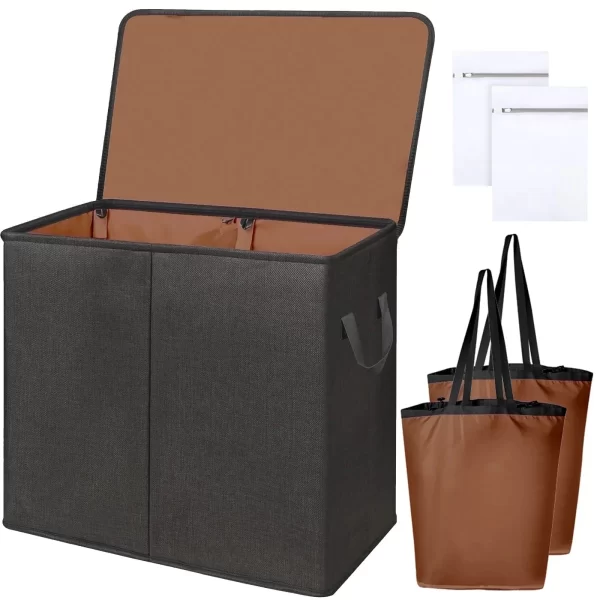 Laundry Hamper with Lid, Double Collapsible Basket with 2 Removable Bags for Bedroom Bathroom Laundry Room, Black