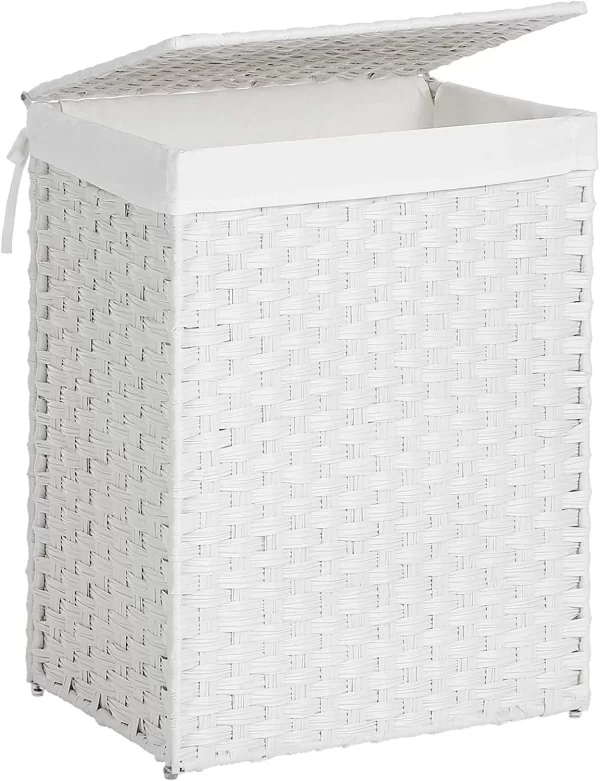 23.8 Gal (90L) White Laundry Hamper Wicker Laundry Basket with Lid and Handles Clothes Hamper Foldable Removable Liner Bag White