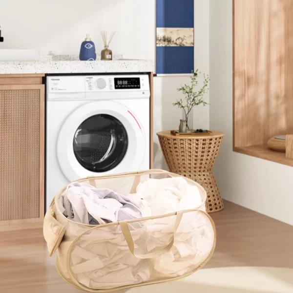 72L High-density Mesh Ployster Horizontal Popup Laundry Hamper, Folding Laundry Basket, Beige - Image 2