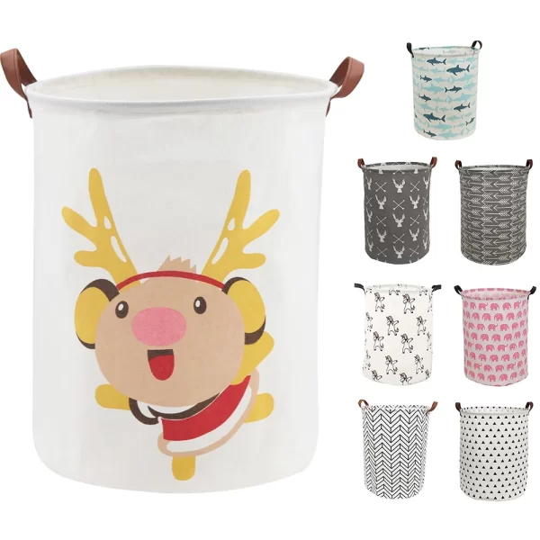 Folding Canvas Laundry Hamper Basket - 19.7" Round Waterproof Dirty Clothes Basket for Baby Girl Boy Dirty Bedroom Bathroom Washing Clothes & Toy Storage Organizer (Cartoon Pig)