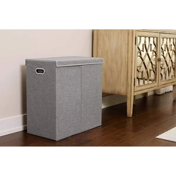 Double Linen Laundry Hamper with Lid , Washing Clothes Storage Folding, for Home, Grey - Image 2