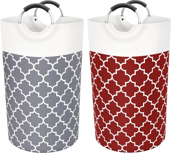 2PCS 82L Laundry Basket, Laundry Hamper, Collapsible Laundry Baskets, Dirty Clothes Hamper, Waterproof with Foam Protected Aluminum Handles for College Dorm, Family (Gray+Red)