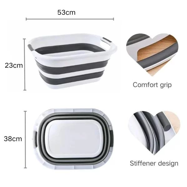 30L Collapsible Plastic Laundry Basket, Space Saving Washing Tub Foldable Laundry Basket Organizer Grey - Image 2