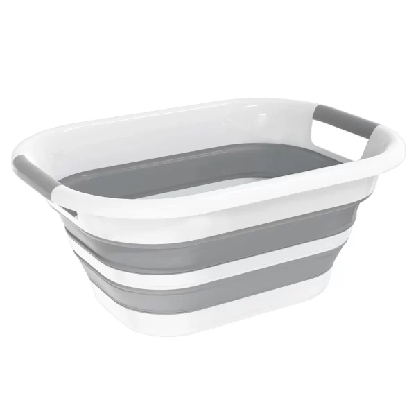 26L Collapsible Plastic Laundry Basket, Foldable Pop up Storage Container Space Saving Washing Tub Organizer (White/Grey)